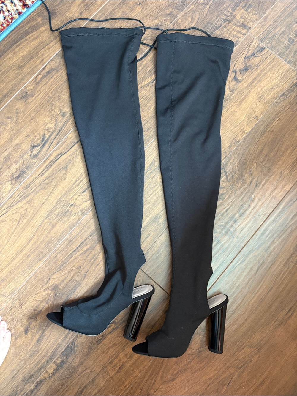 Public Desire Black Over-The-Knee Peep Toe Block Heel Boots